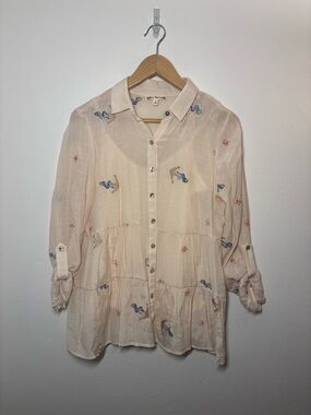 Hope Springs Anchor Sailing Embroidered Tiered Button-Down Shirt Size Small